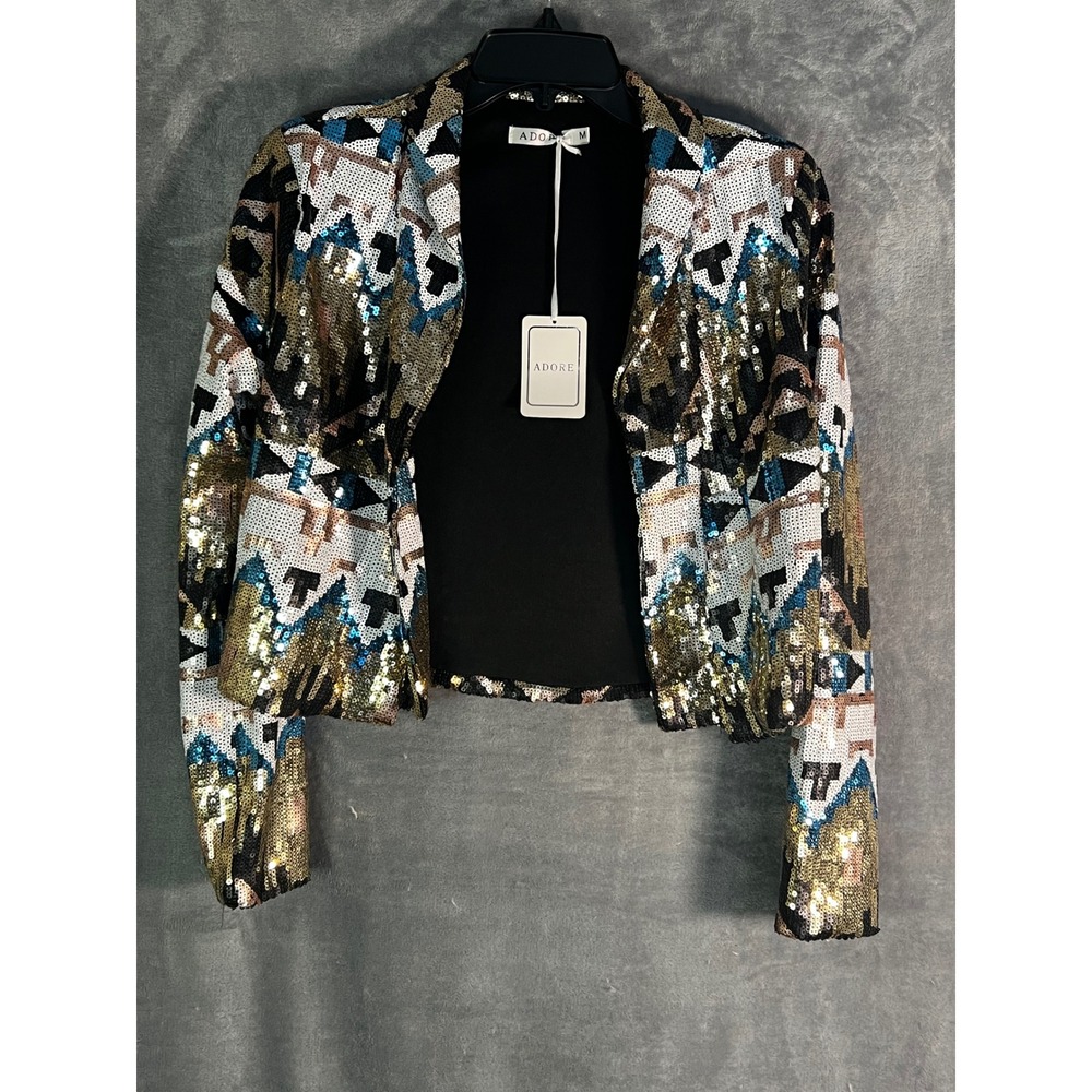 Adore M Multicolor Sequin Cropped Jacket Open Front Party Evening NWT